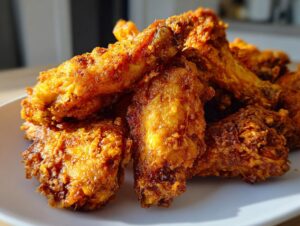 Close-up of a pile of golden brown, crispy air fryer chicken wings stacked on a white plate.