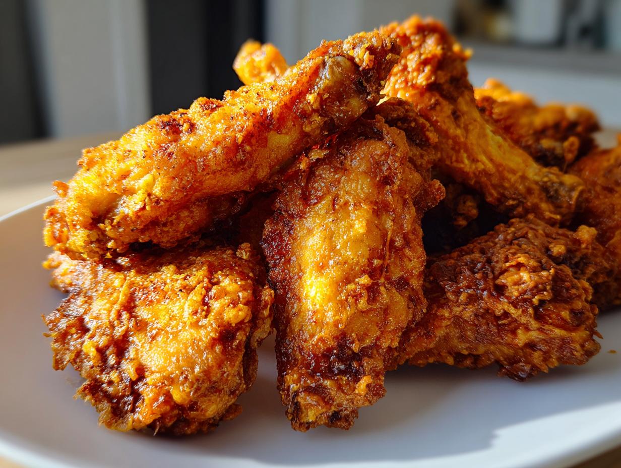 Close-up of a pile of golden brown, crispy air fryer chicken wings stacked on a white plate.