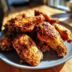 A close-up of golden brown, seasoned, crispy air fryer chicken wings piled on a grey plate.
