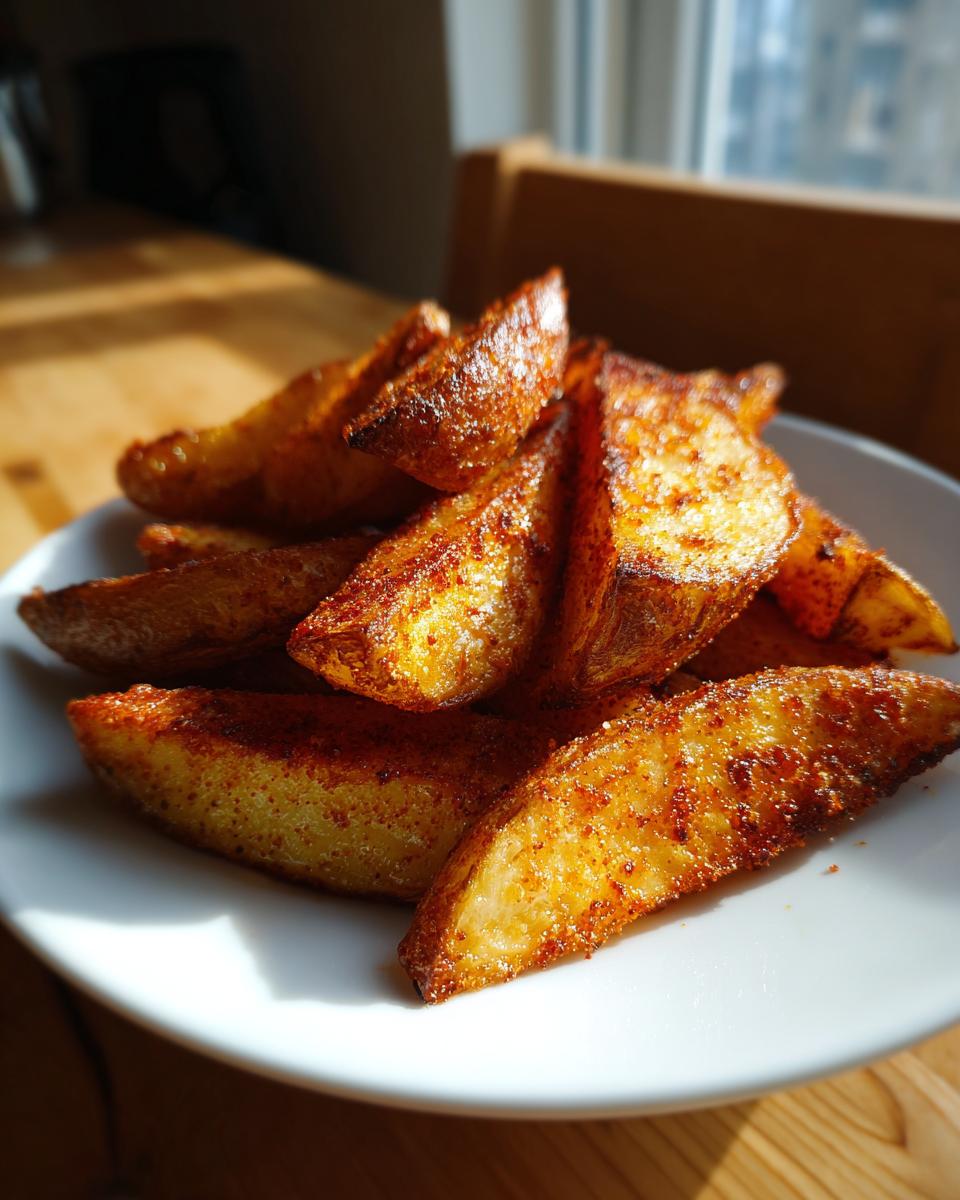 A close-up of perfectly seasoned and crispy air fryer potato wedges piled on a white plate.