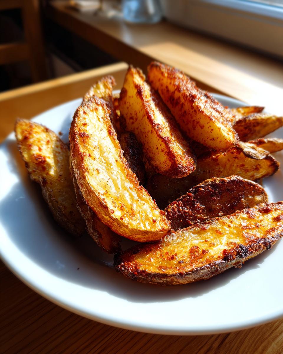 Close-up of perfectly seasoned and crispy air fryer potato wedges piled on a white plate, catching bright sunlight.