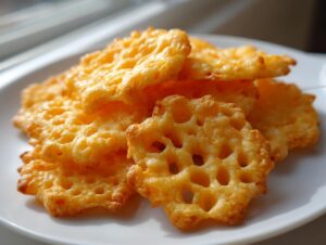 A close-up of several golden, crispy, homemade cheese crackers with a lacy, hole-filled texture piled on a white plate.