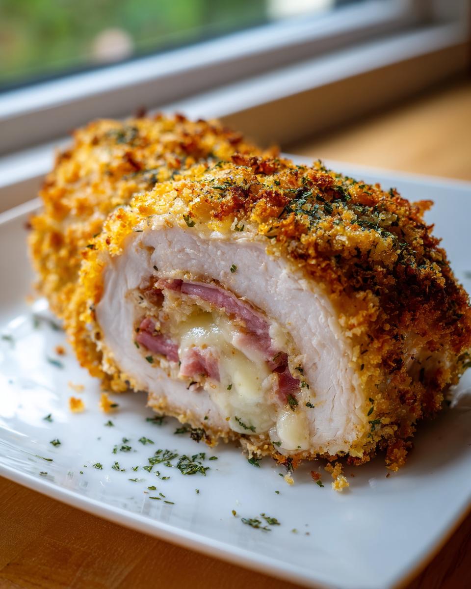 Close-up of a sliced chicken cordon bleu showing melted cheese and ham inside the breaded chicken breast.