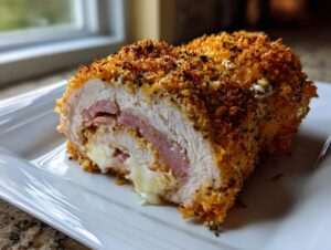 A close-up of a perfectly cooked chicken cordon bleu, showing the crispy breading, ham, and melted cheese filling.