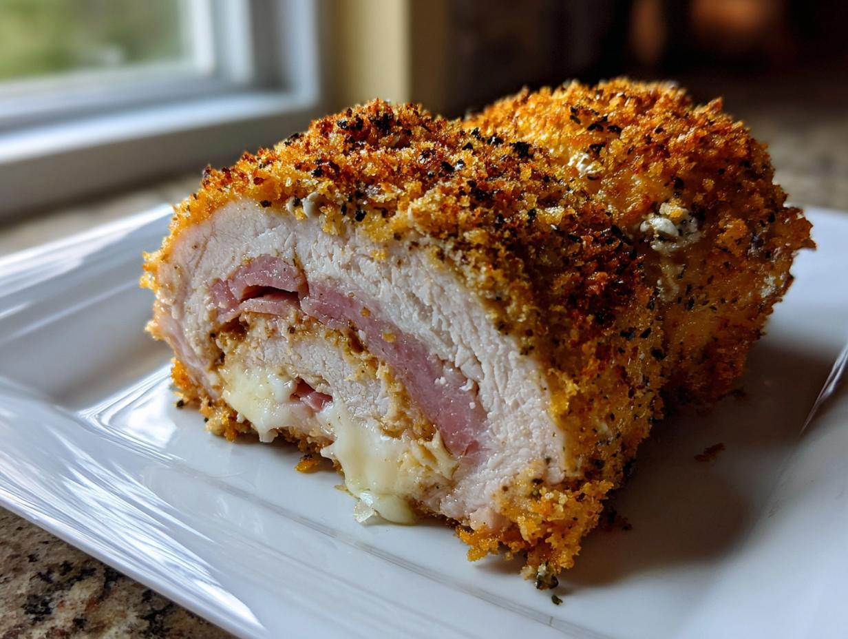 A close-up of a perfectly cooked chicken cordon bleu, showing the crispy breading, ham, and melted cheese filling.
