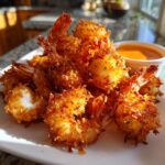 A plate piled high with golden brown, crispy coconut shrimp served next to a small cup of orange dipping sauce.