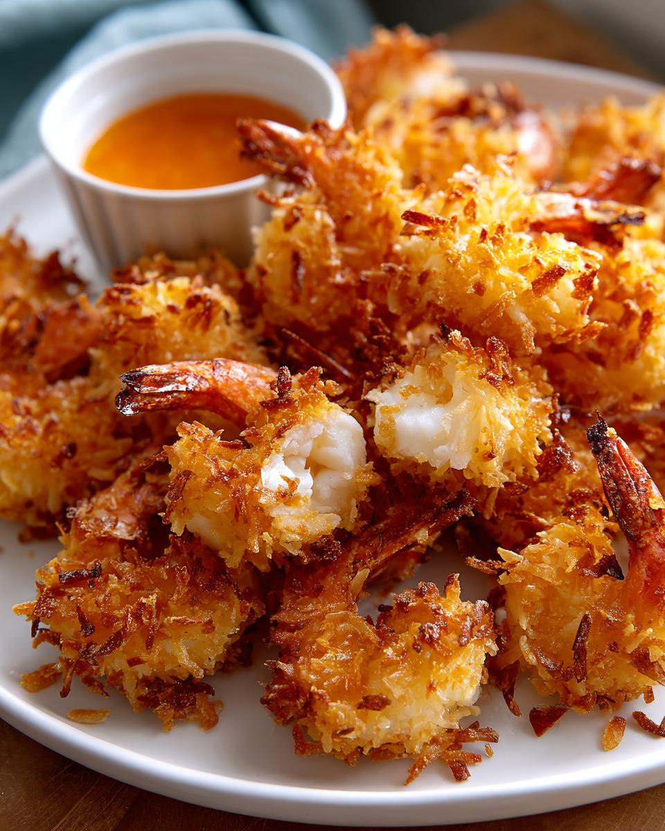 A close-up of perfectly fried, crispy coconut shrimp piled on a white plate next to a small bowl of orange dipping sauce.