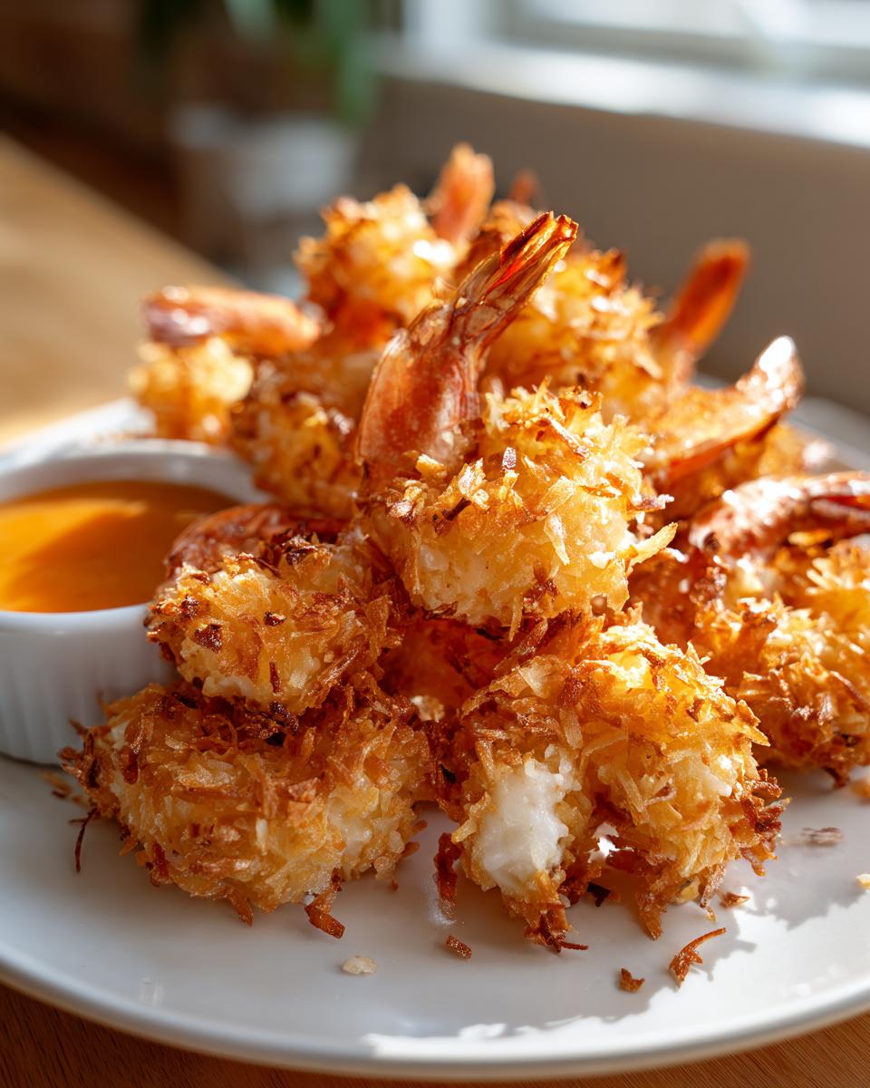 A pile of golden brown, crispy coconut shrimp served on a white plate next to a small dish of orange dipping sauce.
