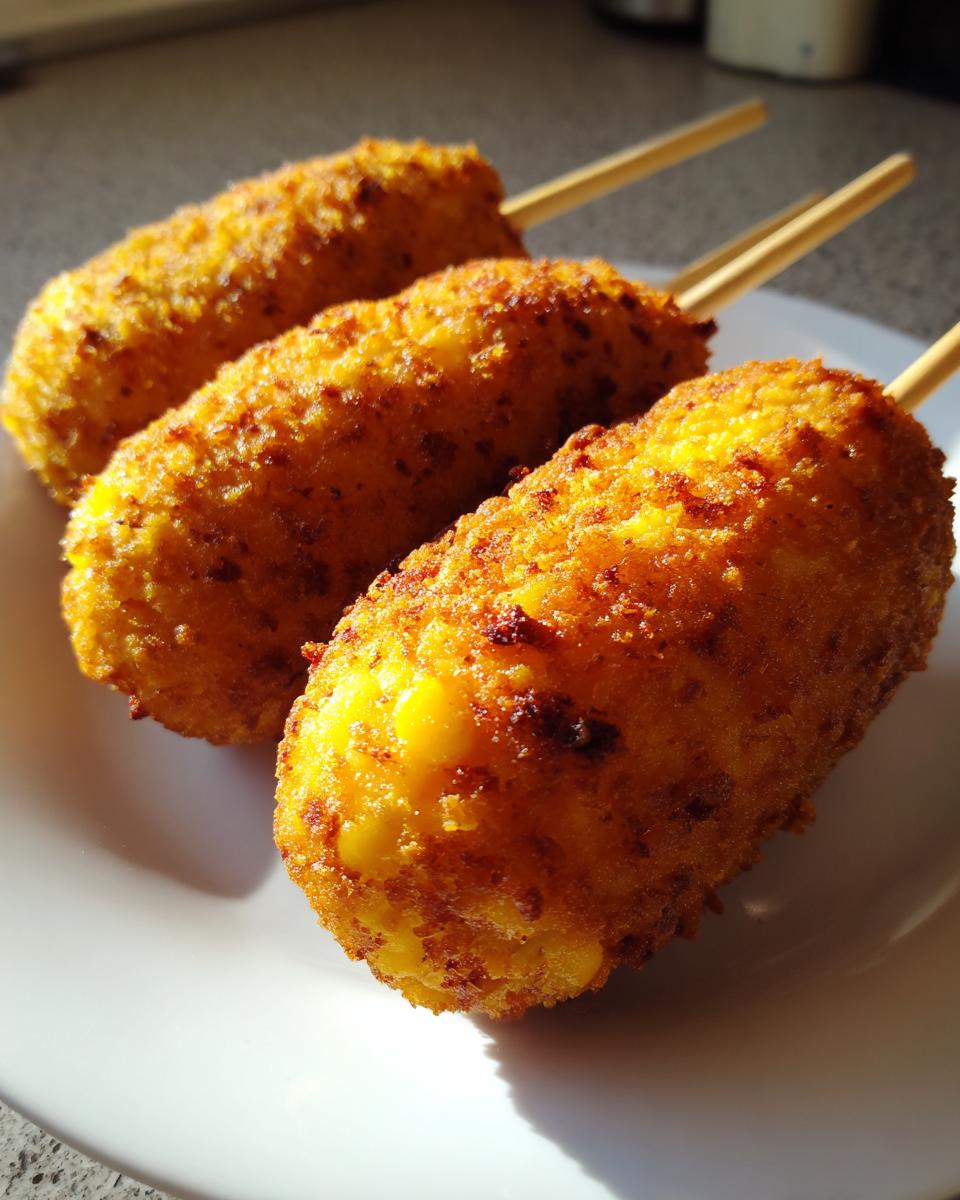 Close-up of three golden brown, crispy corn dogs on wooden sticks resting on a white plate.