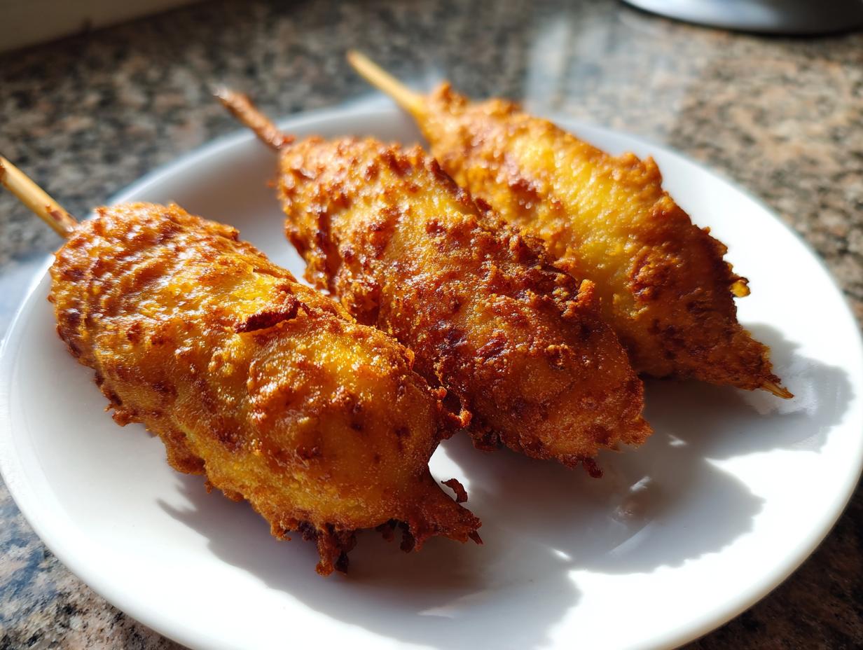 Three golden brown, freshly fried corn dogs on wooden sticks resting on a white plate.