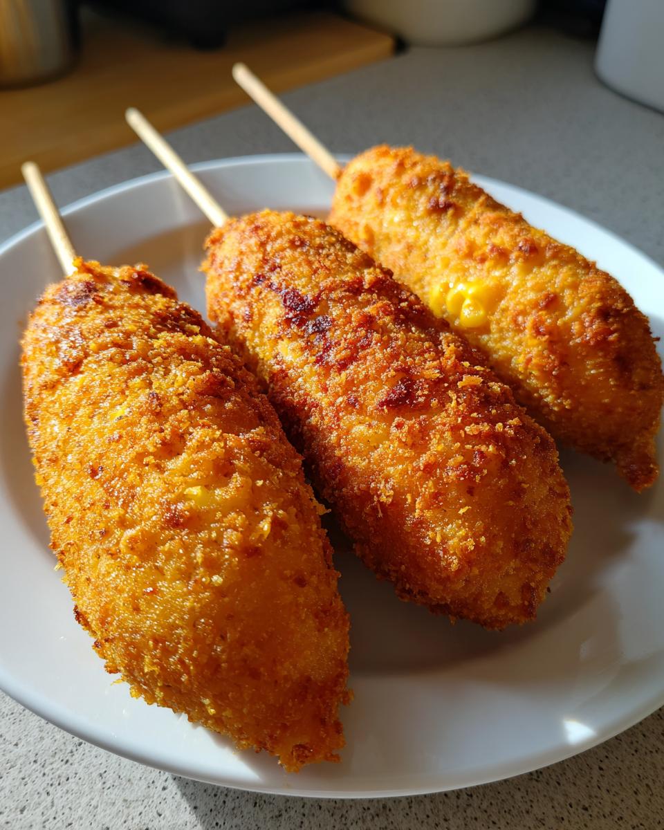 Three golden brown, crispy corn dogs on wooden sticks resting on a white plate.