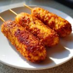 Three golden brown, crispy corn dogs on wooden skewers resting on a white plate.