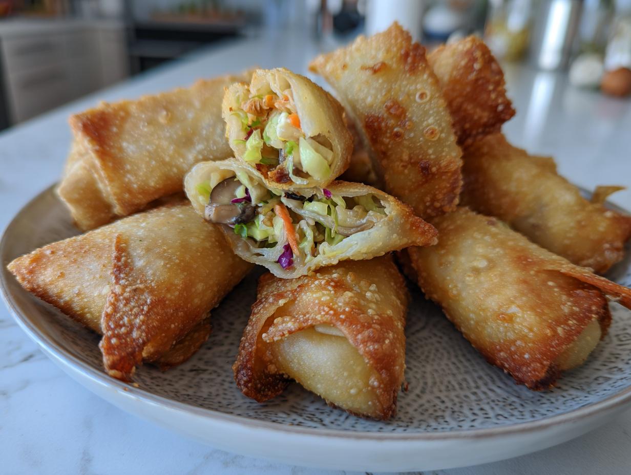 A plate piled high with crispy, golden-brown fried rice paper dumplings, one cut open to show vegetable filling.