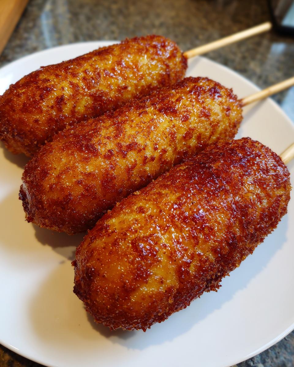 Three perfectly cooked, crispy corn dogs on wooden skewers resting on a white plate.