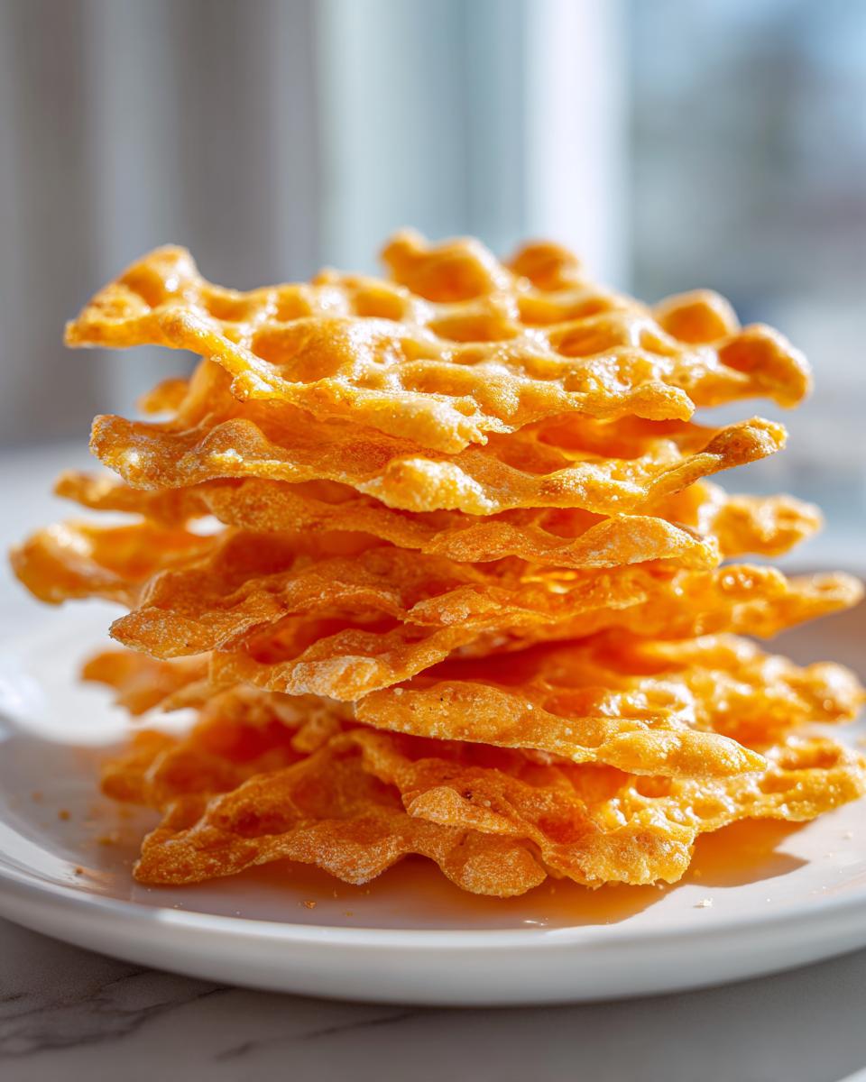 A vertical stack of thin, lacy, golden-orange homemade cheese crackers on a white plate.