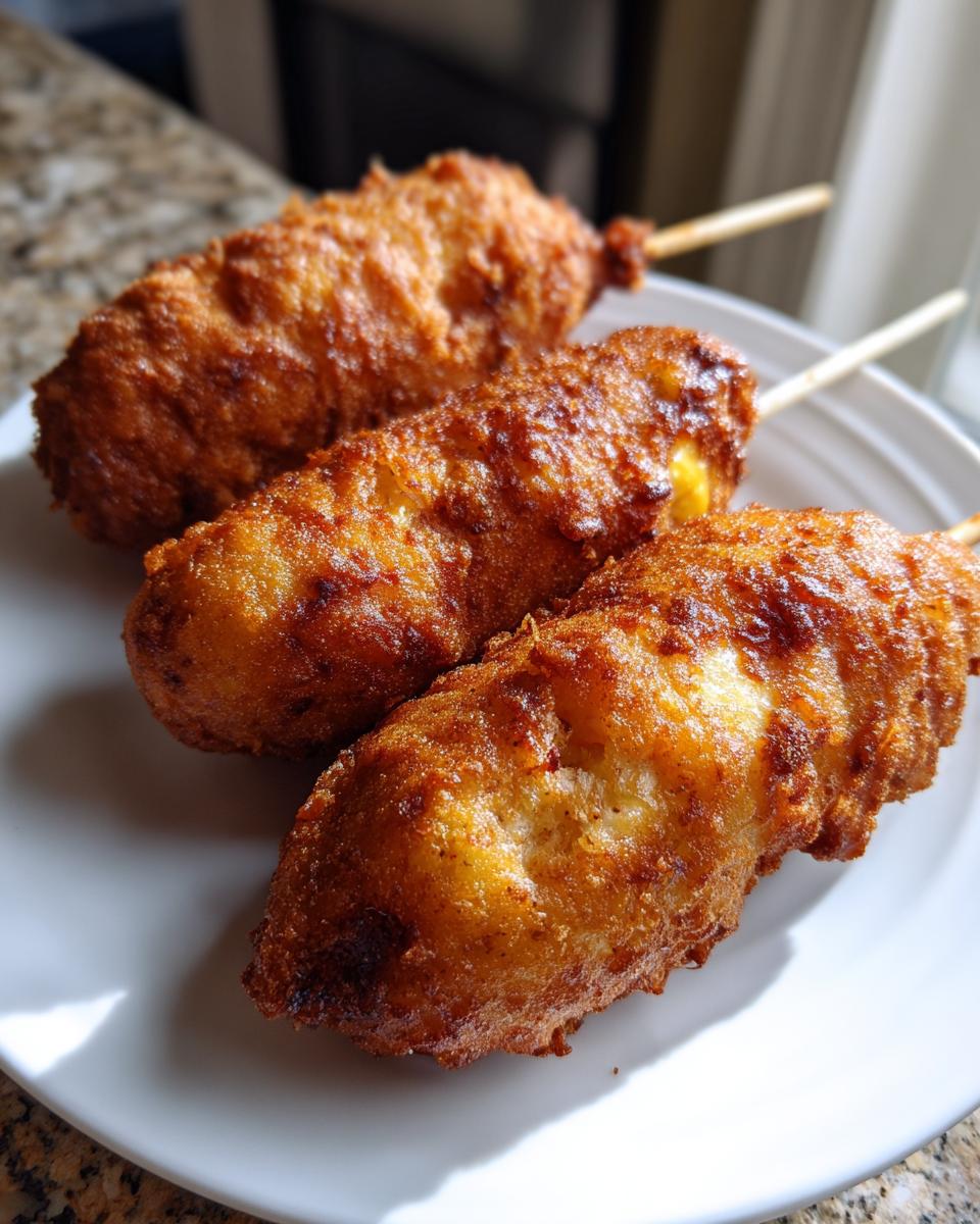 Close-up of three golden brown, crispy corn dogs served on a white plate, ready to eat.