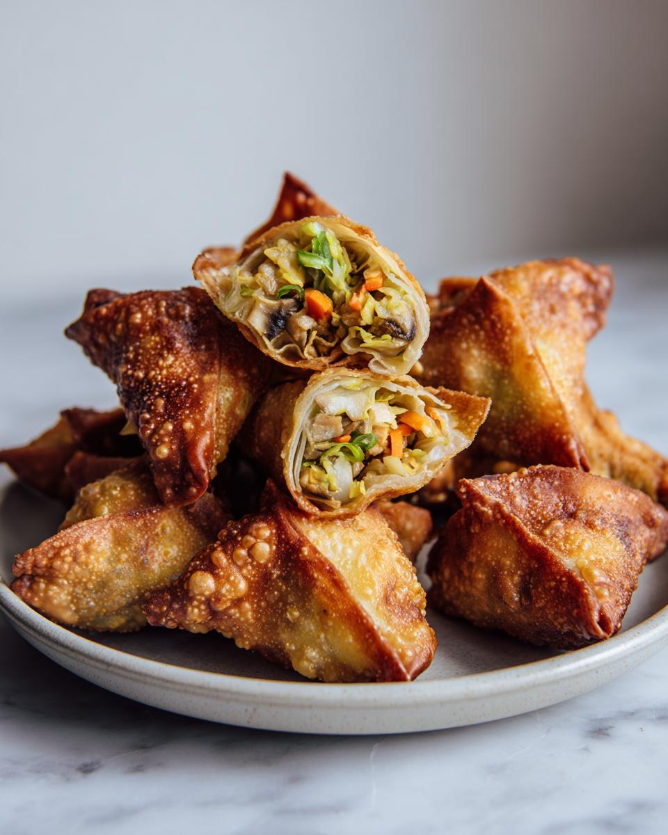 A pile of golden-brown, crispy fried rice paper dumplings, with two cut open showing vegetable filling.
