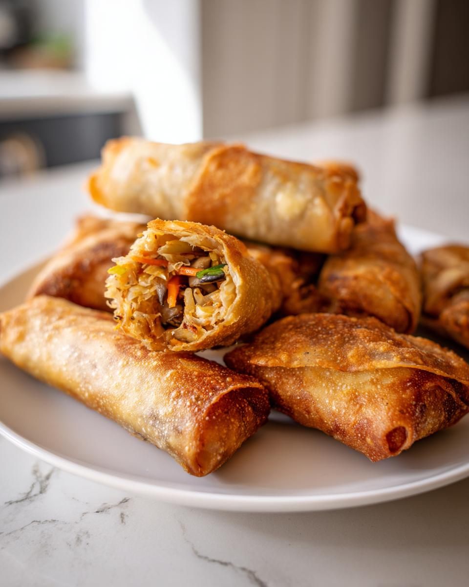 A pile of golden brown, crispy rice paper dumplings with one cut open showing the vegetable filling.