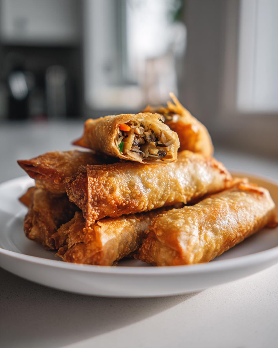 A stack of golden brown, crispy fried rice paper dumplings, one cut open showing mushroom filling.