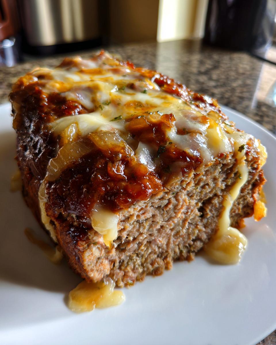 A thick slice of moist crockpot French onion meatloaf topped with caramelized onions and melted Swiss cheese.