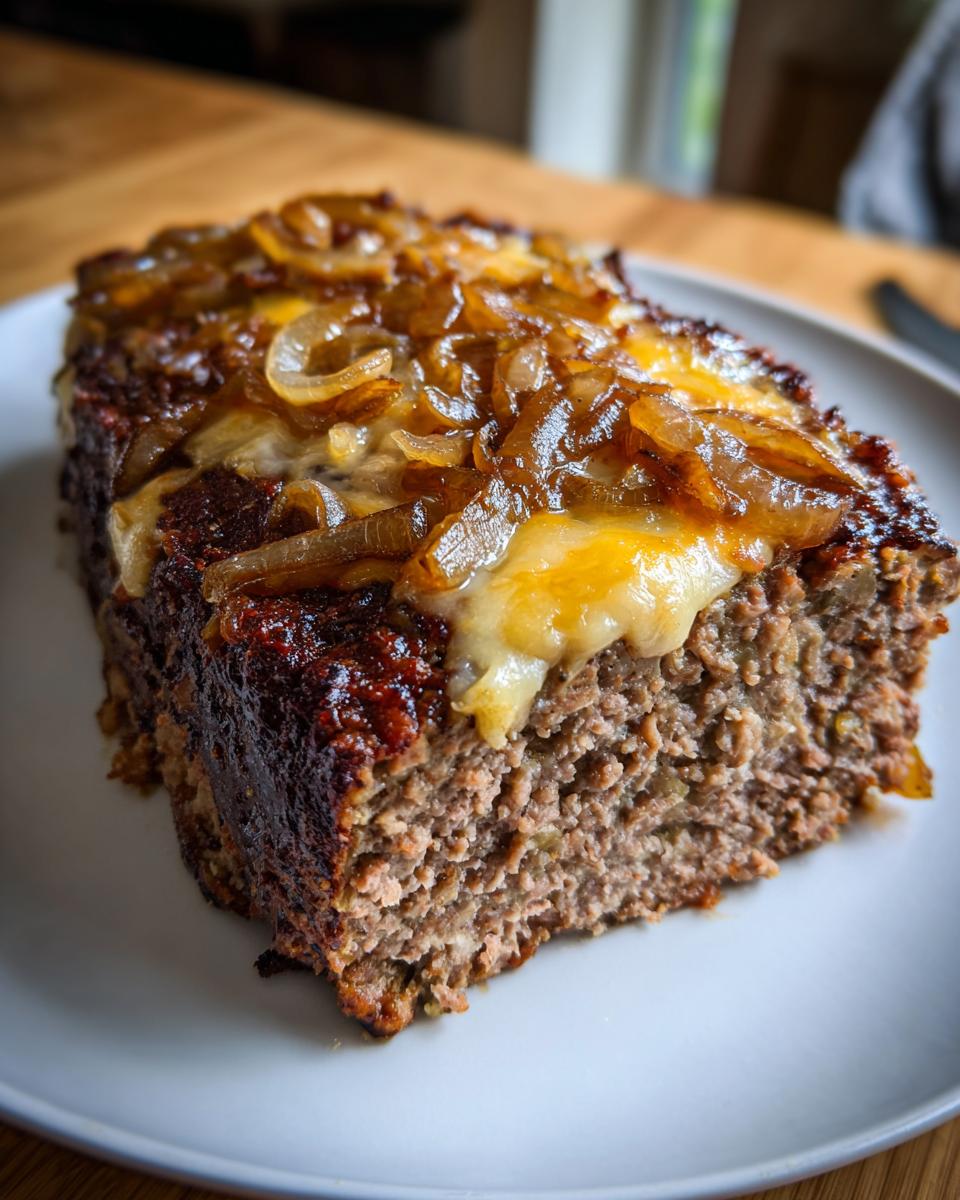 A thick slice of crockpot French onion meatloaf topped with caramelized onions and melted cheese on a white plate.