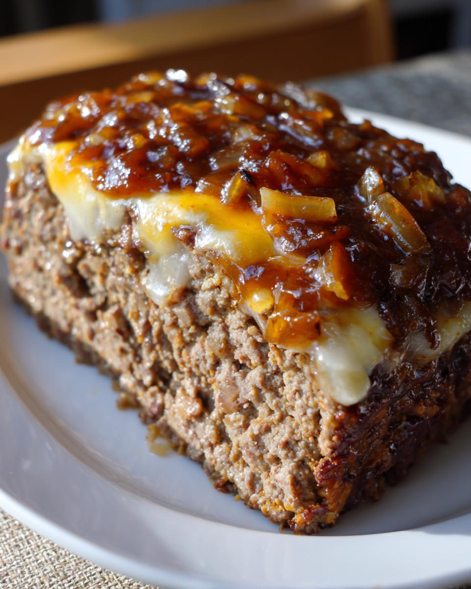 A thick slice of crockpot French onion meatloaf topped with melted cheese and caramelized onions.