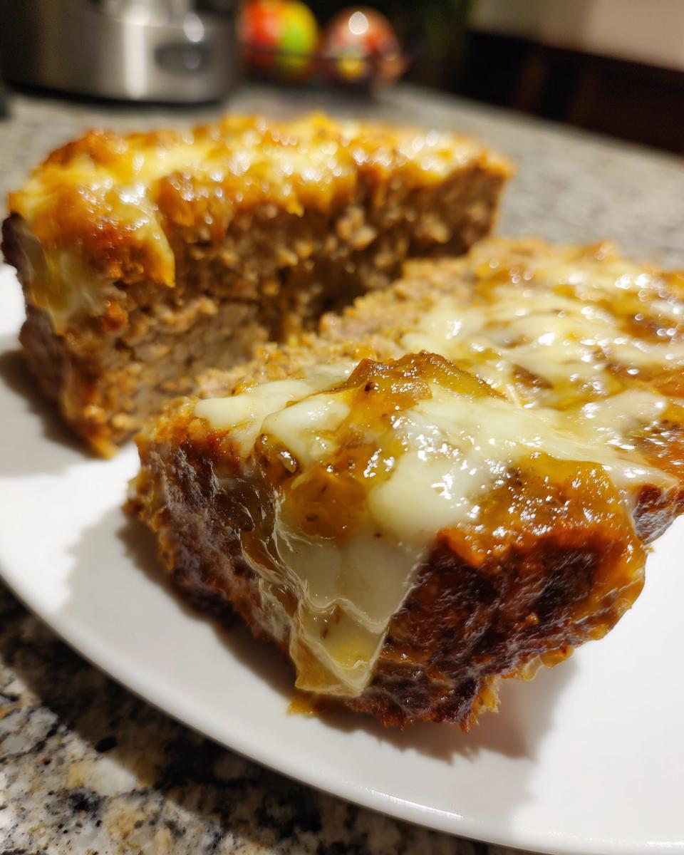 Close-up of a slice of crockpot french onion meatloaf topped with melted, gooey cheese.
