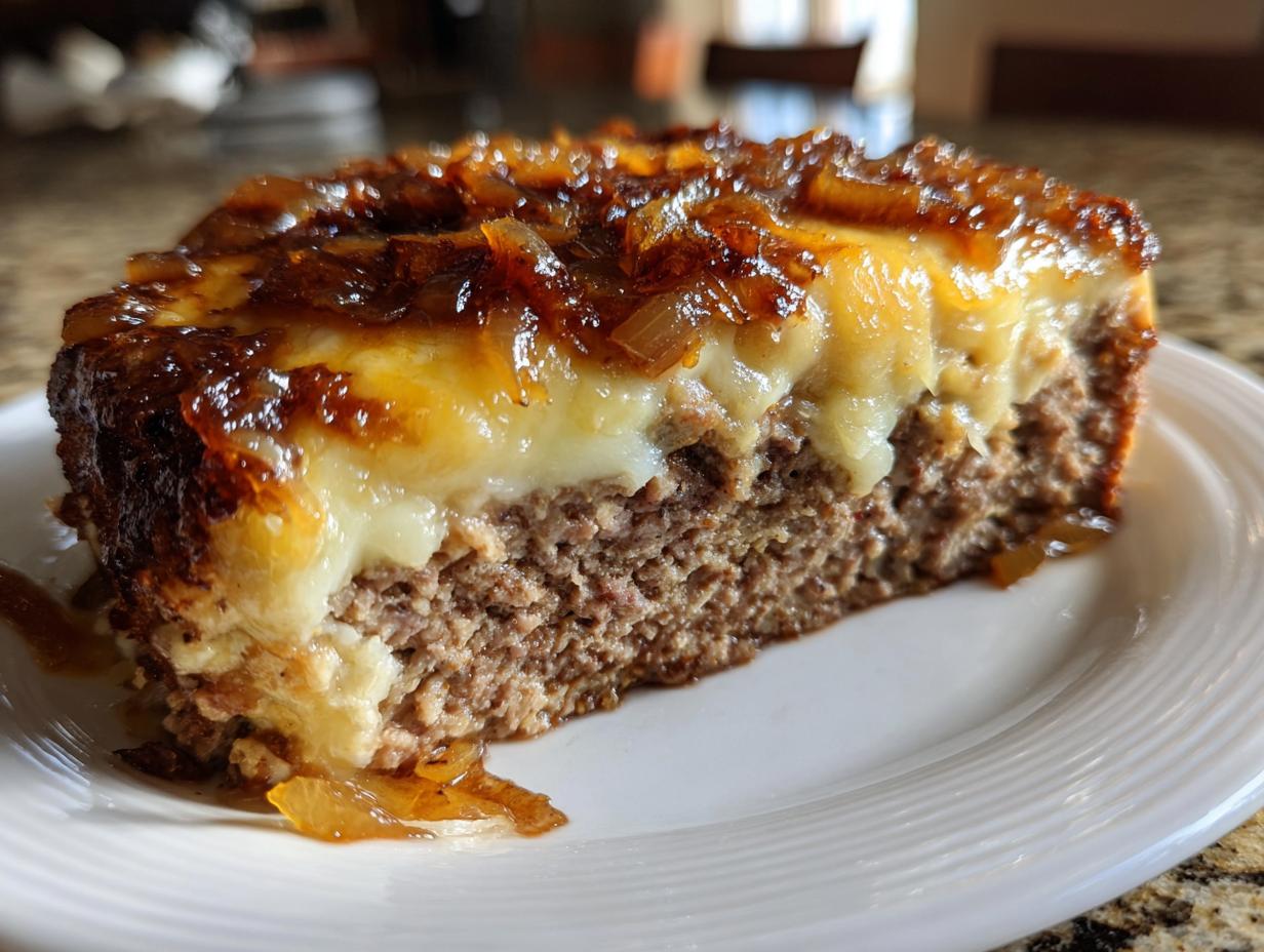 Close-up of a thick slice of crockpot French onion meatloaf topped with melted cheese and caramelized onions.