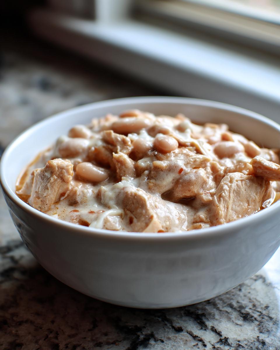 Close-up of a white bowl filled with creamy crockpot white chicken chili featuring shredded chicken and white beans.