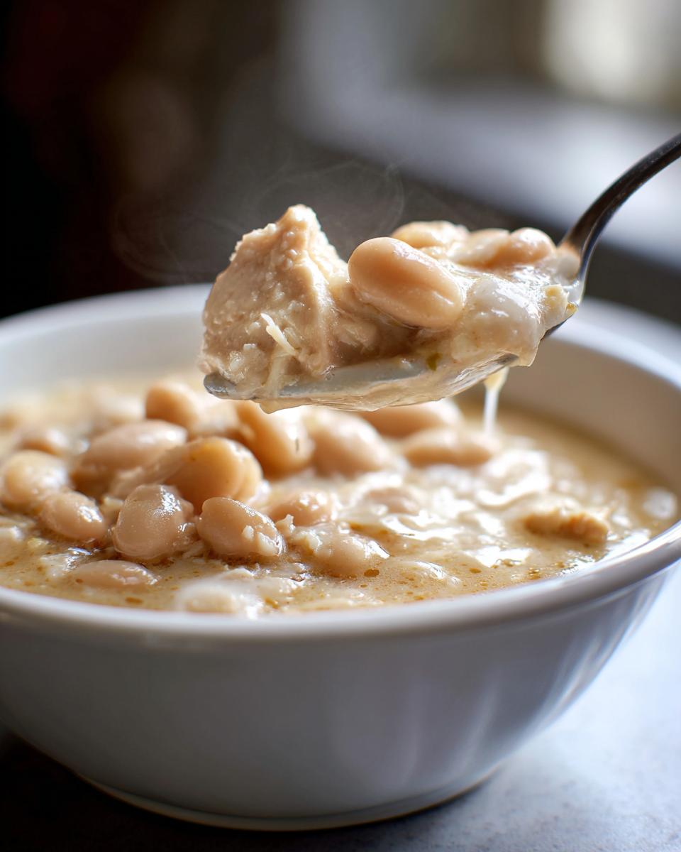 A spoonful of creamy crockpot white chicken chili, showing shredded chicken and white beans, rising from a bowl.