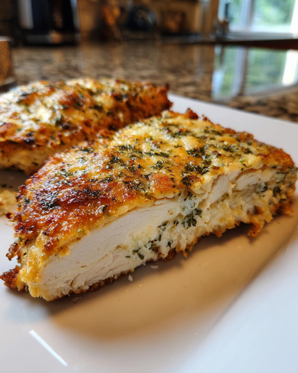 A close-up cross-section view of a perfectly cooked caesar chicken breast showing moist white meat and a cheesy, herbed topping.