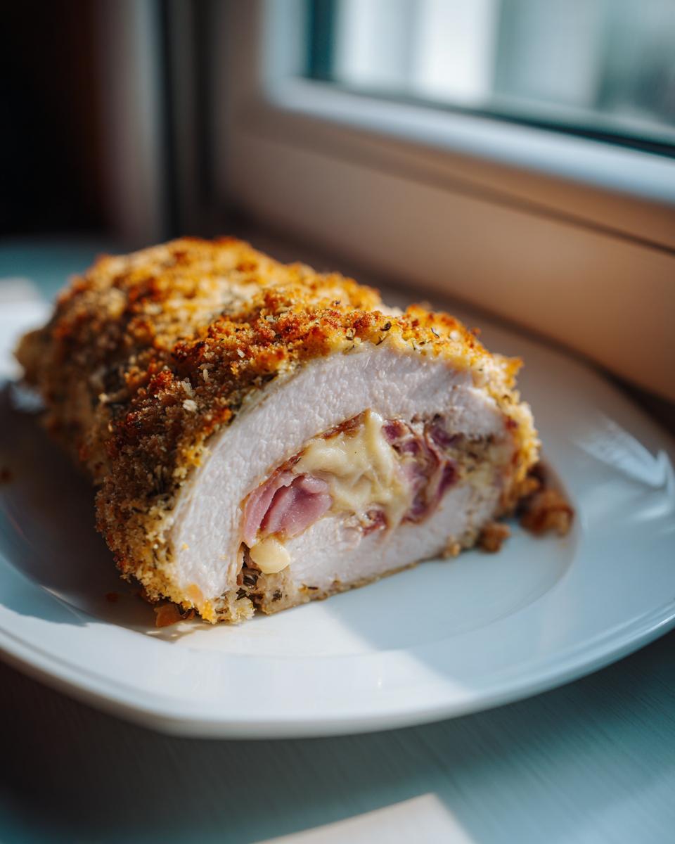 Close-up of a slice of crispy chicken cordon bleu showing melted cheese and ham filling.