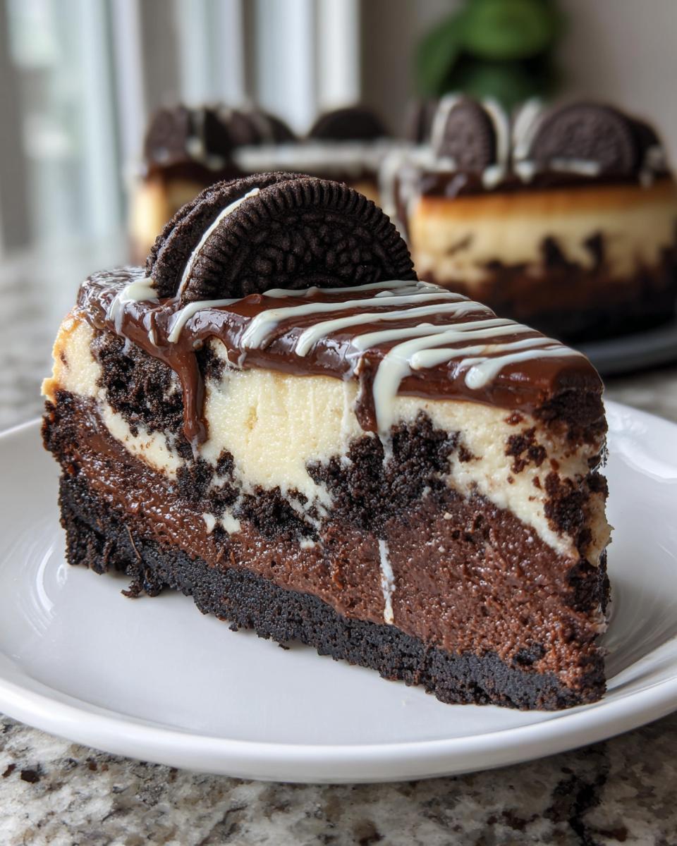 A decadent slice of 3-layer chocolate cheesecake topped with fudge, white chocolate drizzle, and an Oreo cookie.
