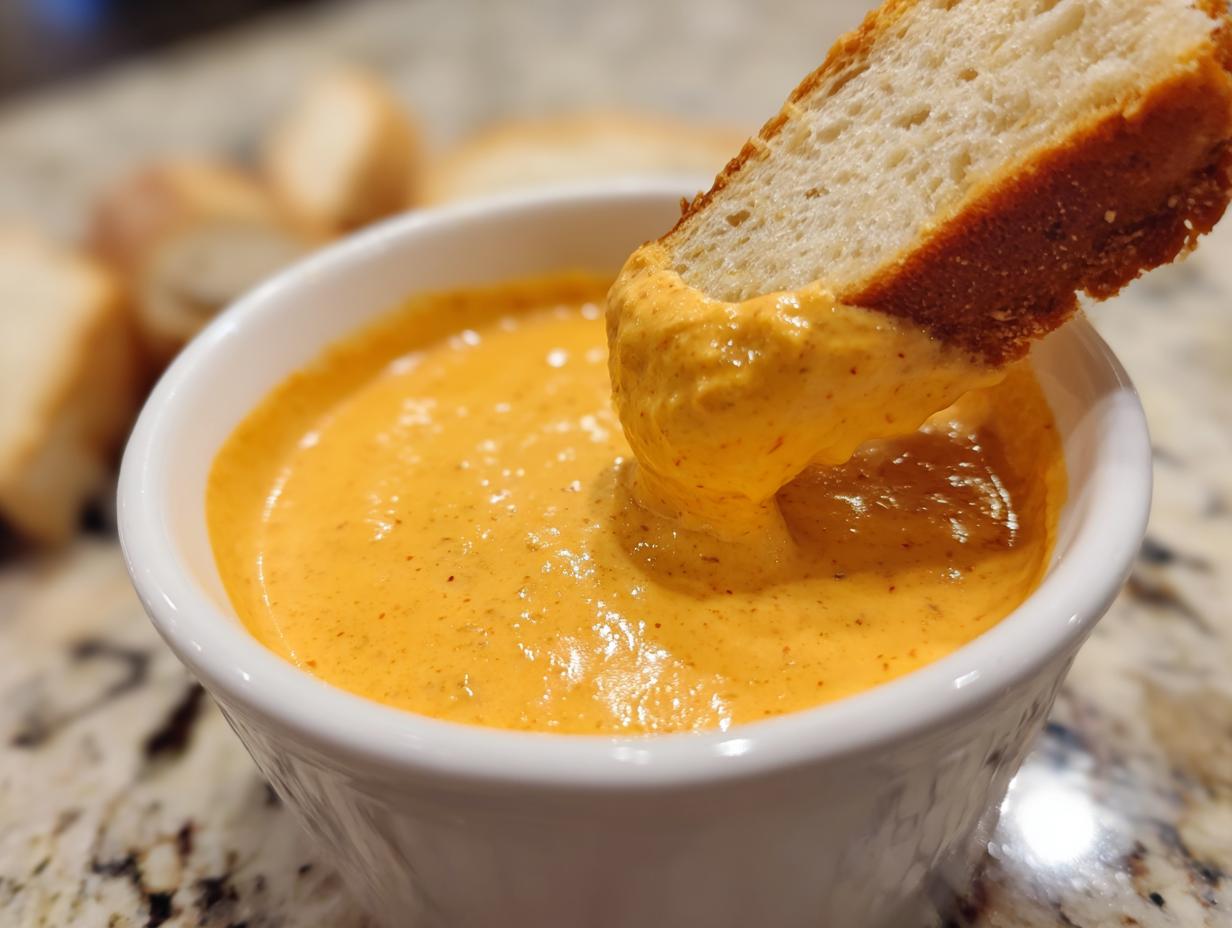 A thick slice of bread being dipped into a small white bowl of smooth, orange beer cheese dip.