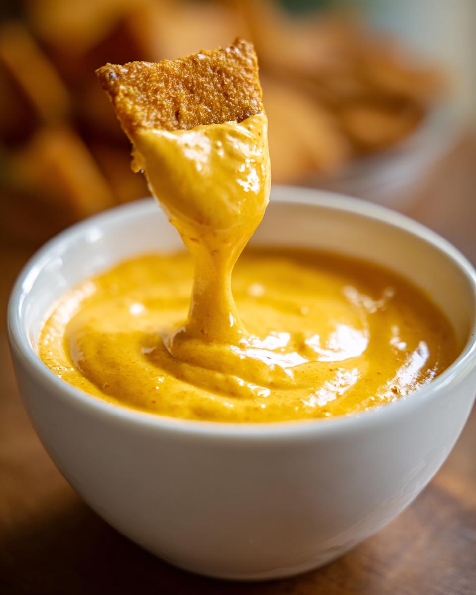 A crispy chip dripping with smooth, golden beer cheese dip being lifted from a white bowl.