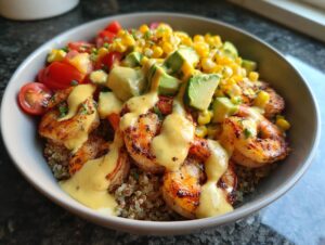 Close-up of a vibrant shrimp bowl featuring grilled shrimp, quinoa, corn, avocado, tomatoes, and a creamy yellow sauce.