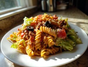 A close-up of a serving of creamy taco pasta salad with ground meat, tomatoes, lettuce, and black olives on a white plate.