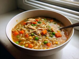 A close-up of a white bowl filled with rich turkey soup containing shredded turkey, carrots, peas, corn, and rice.