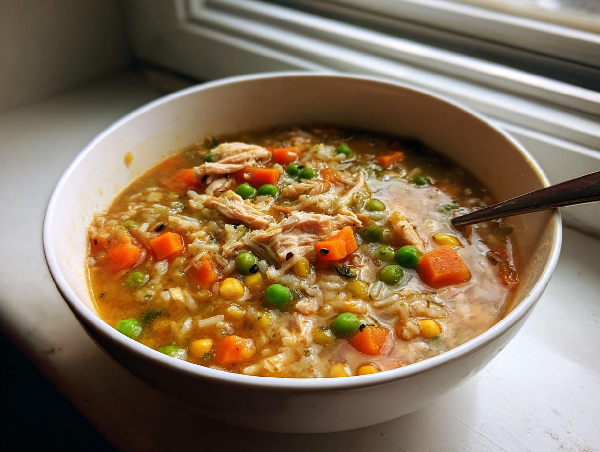 A close-up of a white bowl filled with rich turkey soup containing shredded turkey, carrots, peas, corn, and rice.
