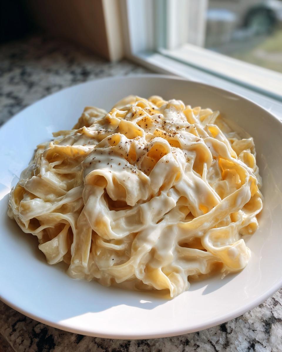 A close-up of fettuccine pasta generously coated in rich homemade alfredo sauce and topped with black pepper.