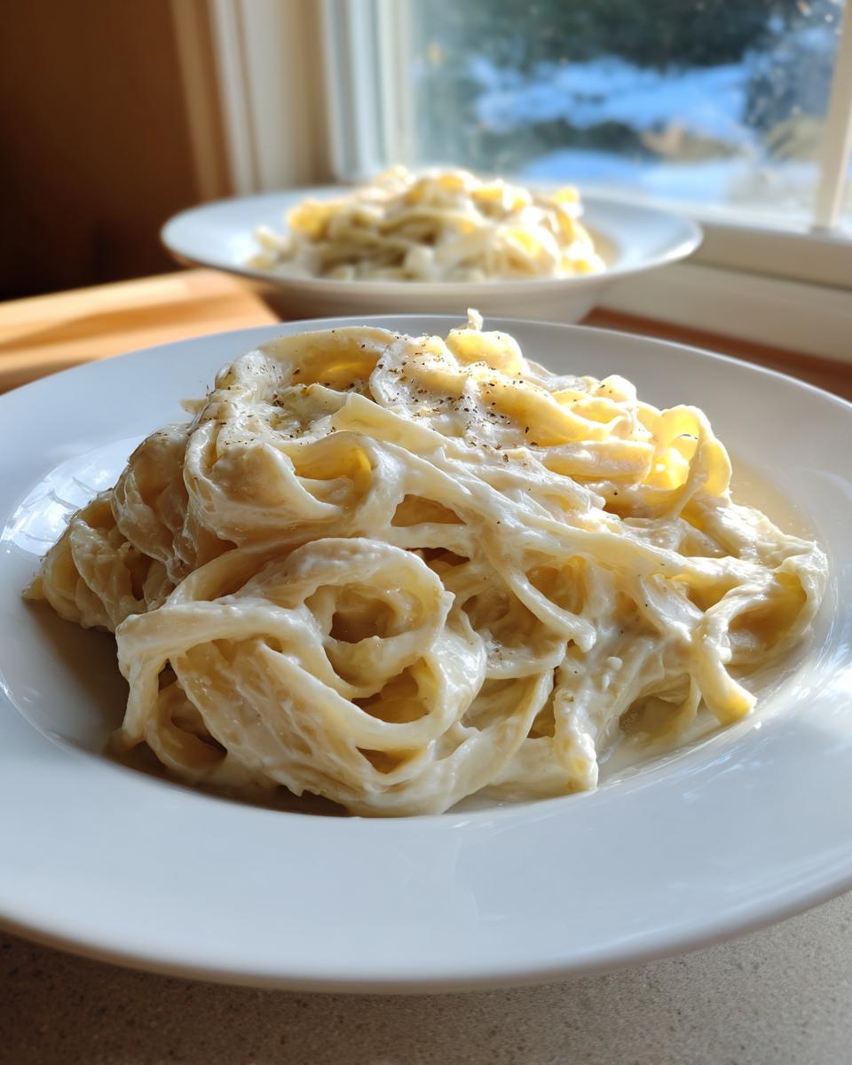 Close-up of fettuccine pasta coated in rich homemade alfredo sauce, garnished with black pepper.