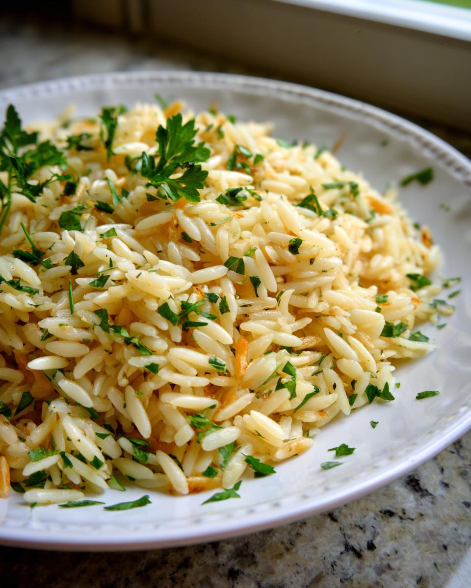 Close-up of fluffy orzo pasta used in a delicious rice pilaf, garnished generously with fresh chopped parsley.