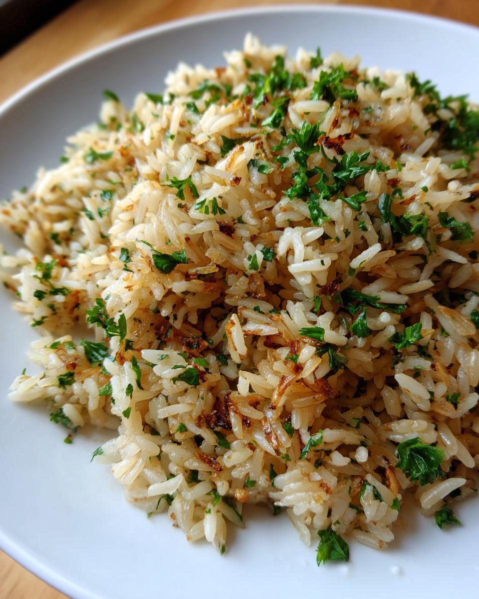 Close-up of a serving of flavorful rice pilaf, garnished with fresh green parsley and browned bits.