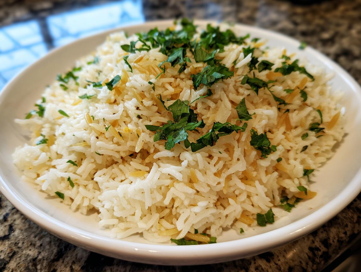 A close-up of a white bowl filled with fluffy rice pilaf mixed with toasted vermicelli and topped with chopped fresh parsley.