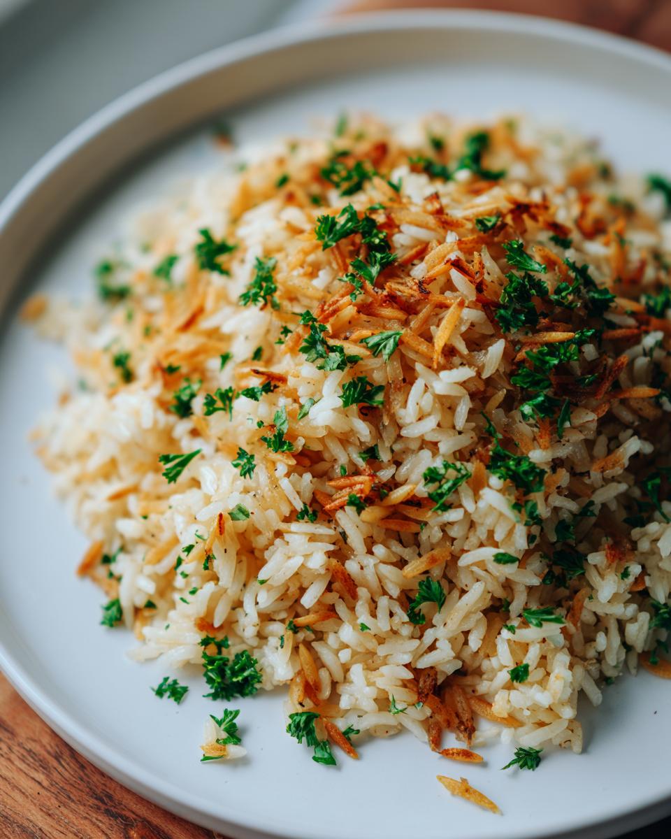 Close-up of homemade rice pilaf mixed with toasted vermicelli and garnished with fresh parsley.