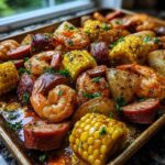 Close-up of a baked shrimp boil featuring seasoned shrimp, corn on the cob, sausage, and potatoes glistening with butter.