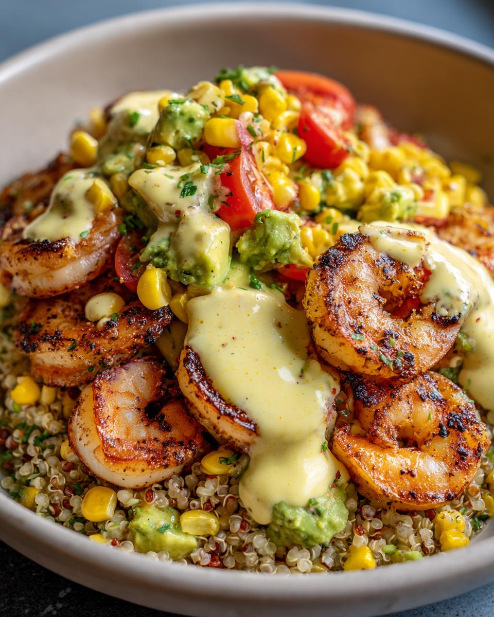 A close-up of a vibrant shrimp bowl featuring grilled shrimp, quinoa, corn, avocado, tomatoes, and a creamy yellow sauce.