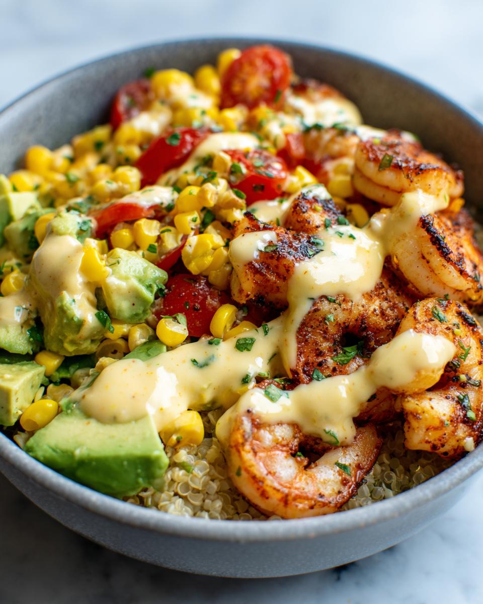 Close-up of a vibrant shrimp bowl featuring seasoned shrimp, avocado, corn, tomatoes, and a creamy yellow sauce over quinoa.