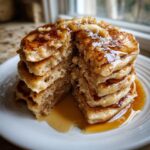 A tall stack of fluffy banana pancakes cut open, drizzled generously with syrup and topped with melting butter.