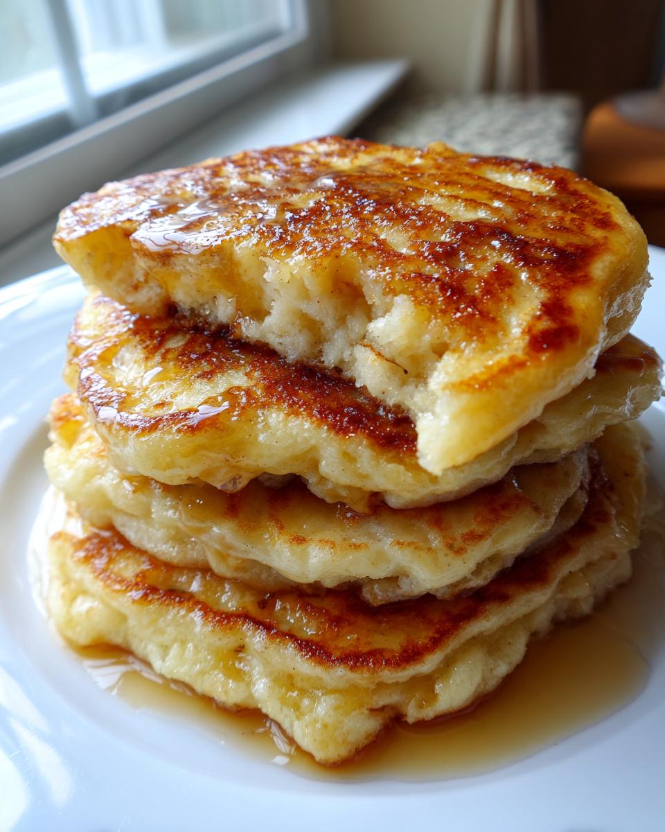 A close-up of a stack of four fluffy banana pancakes drizzled with syrup, with a bite taken out of the top one.